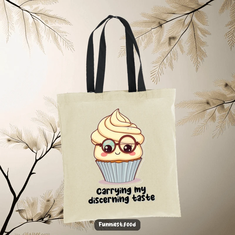 Funny Cupcake Monocle Tote Bag: An inquisitive cupcake wearing a monocle, ready for adventure, making it a stylish and funny gift.