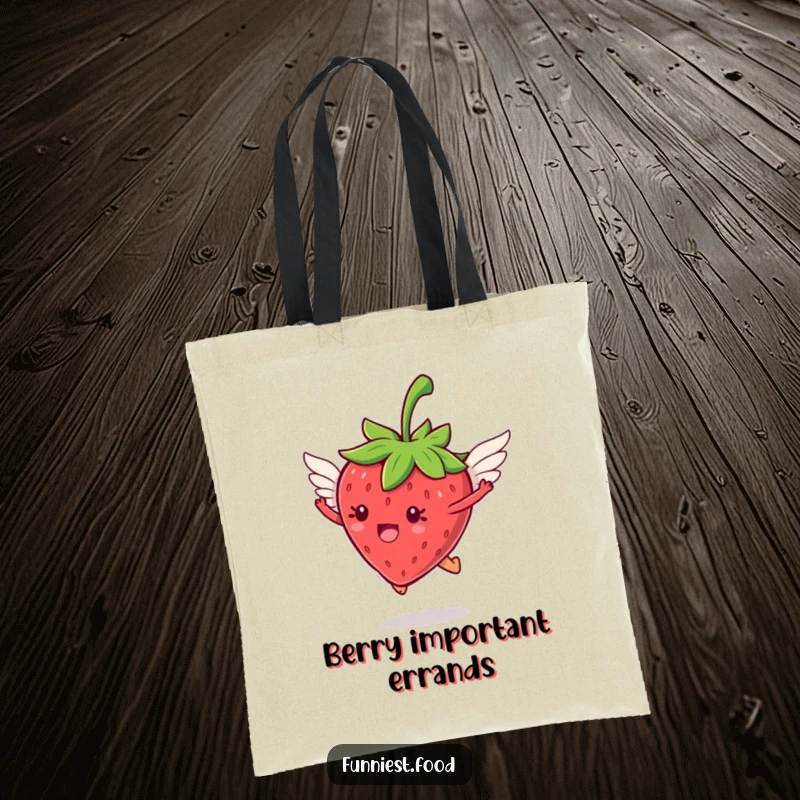 Funny jumping strawberry with tiny wings flying on a tote bag, perfect for carrying essentials with whimsical charm, a funny gift.