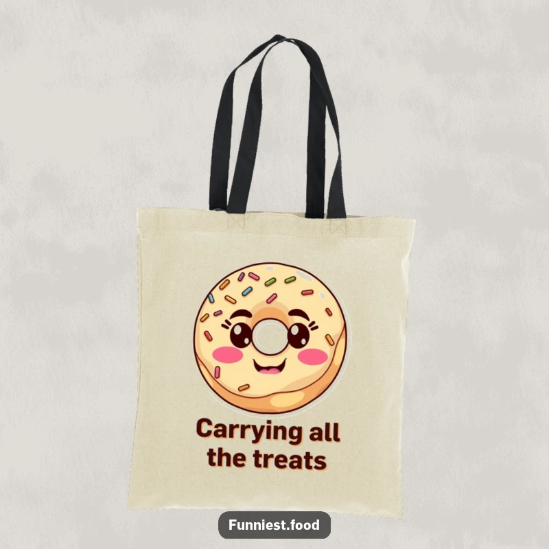 Funny goofy donut with sprinkles doing a silly face on a tote bag, perfect for carrying essentials with a humorous touch, a funny gift.