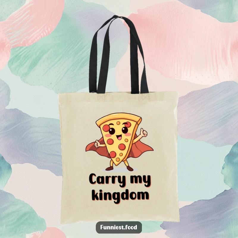 Funny Hero Pizza Slice Tote Bag: A proud pizza slice with a flowing cape poses heroically, ready to carry your items.