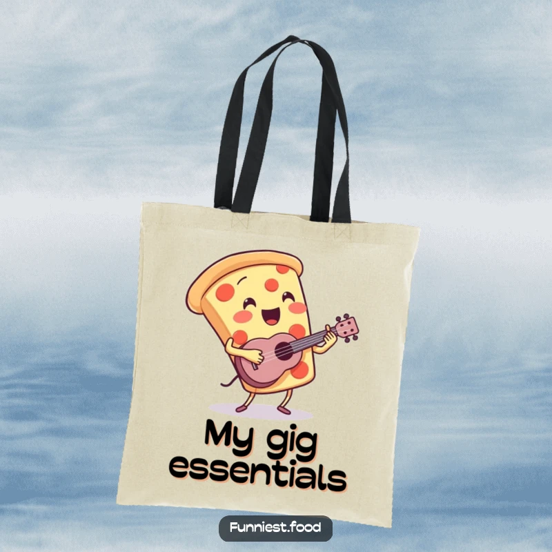 Funny Pizza Tote Bag: A lively pizza slice character strums a ukulele, perfect for carrying groceries with musical style.