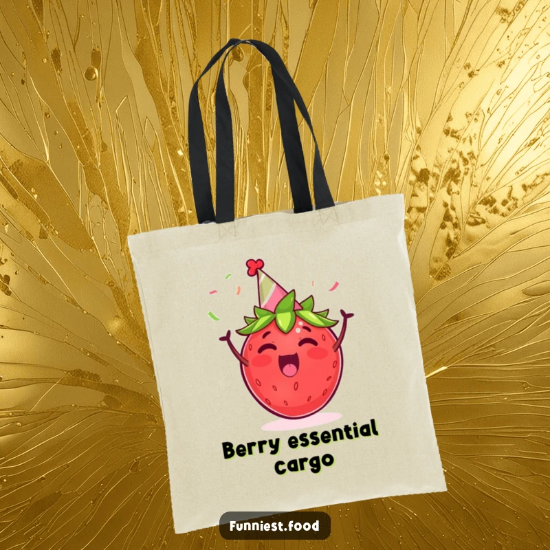 Funny tote bag showcasing an excited strawberry with a party hat and streamers, ready to celebrate and spread joy.