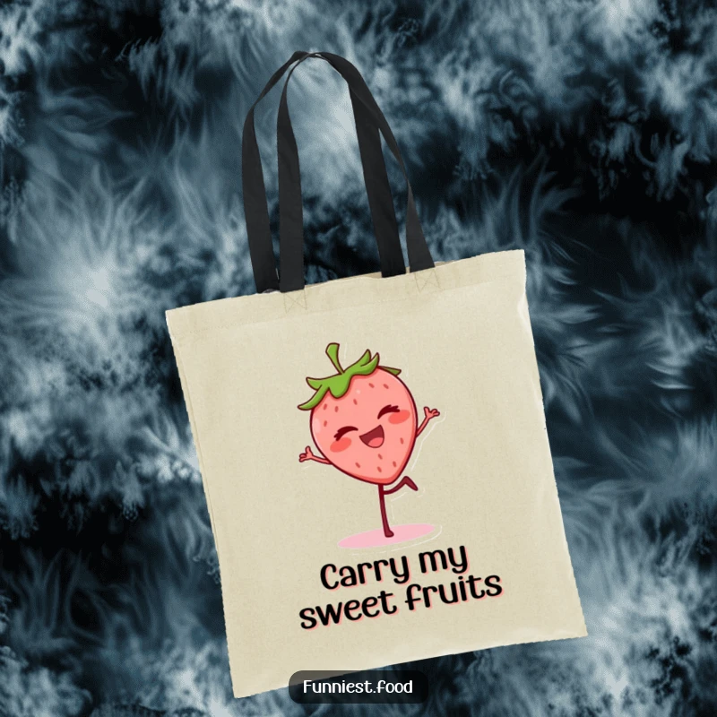 Funny grinning strawberry balancing on one leg, winking on a tote bag, a humorous and practical accessory.