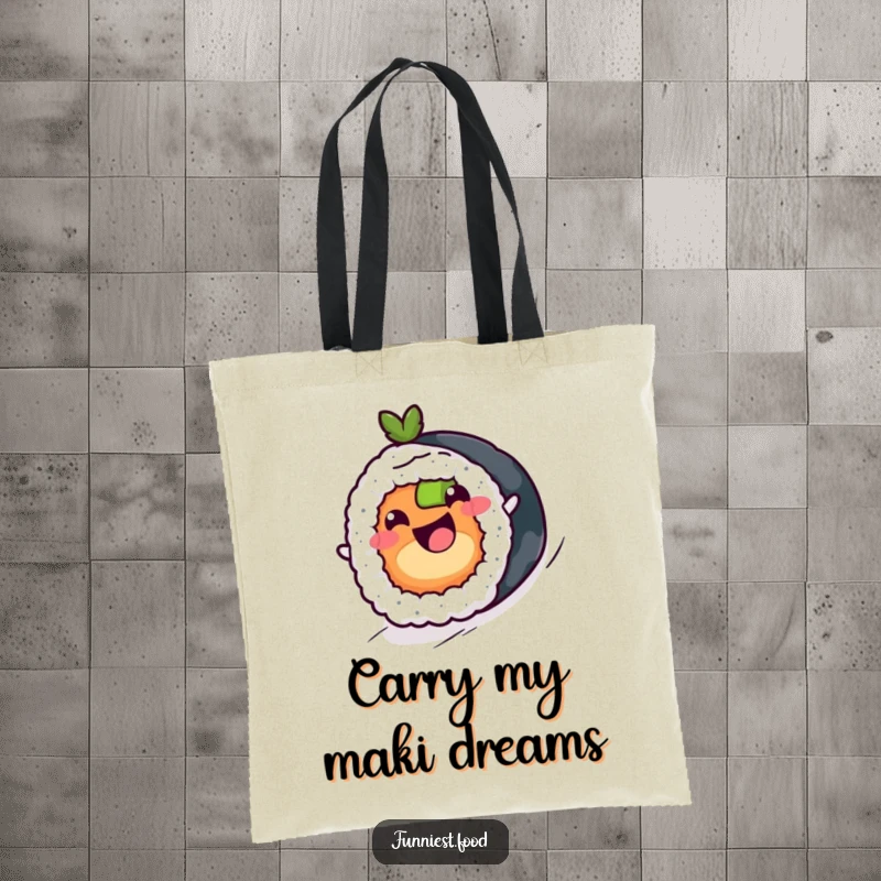 Funny sushi roll character with a happy expression, rolling downhill on a tote bag, a humorous and practical accessory.