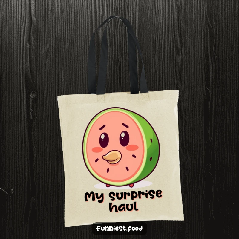 Funny Watermelon Tote Bag: A surprised watermelon slice character ejects a seed, great for carrying essentials with humor.