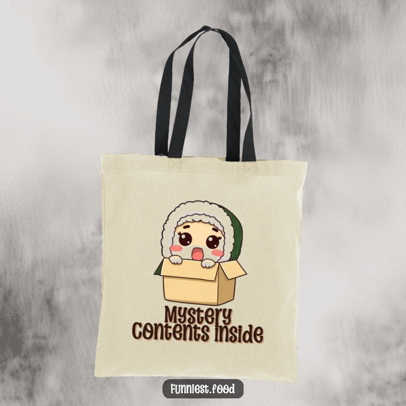 Funny tote bag with a surprised sushi roll character peeking out of a box, perfect for groceries or everyday carry.