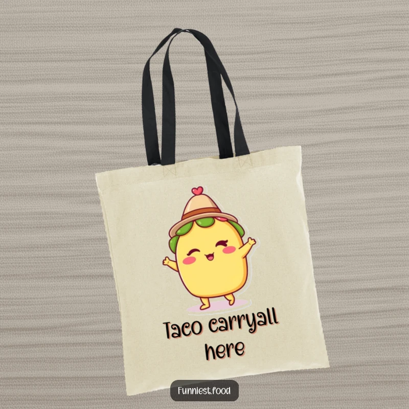 Funny tote bag with a winking taco in a small hat, dancing merrily, ideal for shopping or carrying daily items with festive cheer.